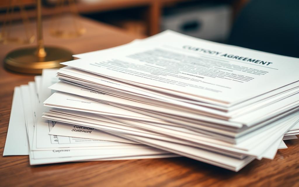 A Neatly Organized Stack Of Legal Documents, Including Custody Agreement Forms, Witness Statements, And Court Orders, Resting On A Wooden Desk Illuminated By Soft, Warm Lighting. The Documents Are Meticulously Organized, Conveying A Sense Of Professionalism And Attention To Detail. The Background Is Blurred, Keeping The Focus On The Critical Paperwork That Forms The Foundation Of A Strong Custody Case.