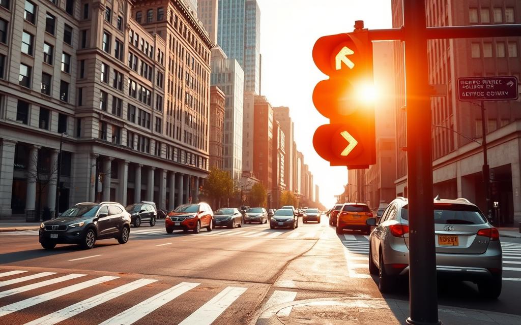 A Sun-Dappled Urban Intersection, The Lanes Marked In Crisp White Lines. In The Foreground, A Prominent Traffic Light Casts A Warm Amber Glow, Its Right-Turn Arrow Illuminated. Vehicles Wait Patiently, Their Drivers Ready To Navigate The Intersection With Caution And Care. The Surrounding Buildings Are Rendered In A Blend Of Classic Architecture And Modern Urban Design, Creating A Sense Of Timeless Cityscape. The Overall Mood Is One Of Order, Safety, And The Smooth Flow Of Traffic, Inviting The Viewer To Carefully Consider The Rules And Responsibilities Of Turning Right On A Red Light.