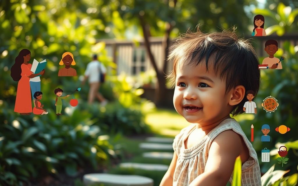 A Tranquil, Sun-Dappled Scene Of A Child Playing In A Lush, Verdant Garden, Surrounded By Tangible Symbols Of Their Wellbeing - A Loving Family, Nourishing Food, Access To Education, And A Safe, Nurturing Environment. Soft, Warm Lighting Casts A Gentle Glow, Evoking A Sense Of Comfort And Security. In The Foreground, The Child'S Innocent Expression Radiates Happiness, While In The Background, A Diverse Array Of Cultural Elements Hint At The Child'S Unique Identity And Heritage. The Overall Composition Aims To Capture The Multifaceted, Holistic Factors That Contribute To The Best Interests Of The Child, Fostering A Sense Of Balance, Growth, And Empowerment.