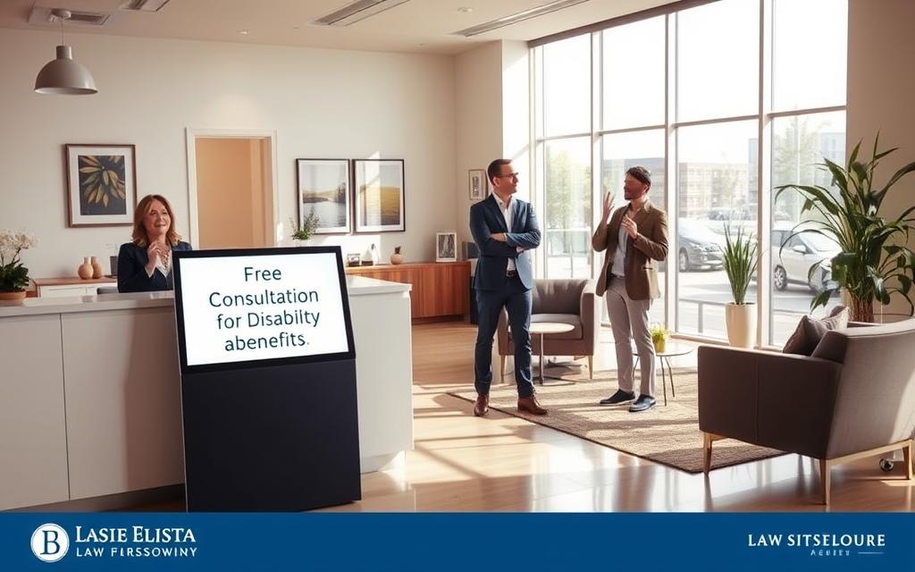 A Bright, Modern Office Interior With Sleek Furniture And Large Windows Flooding The Space With Natural Light. In The Foreground, A Welcoming Receptionist'S Desk With A Digital Display Board Advertising &Quot;Free Consultation For Disability Benefits&Quot;. In The Middle Ground, Two People Engaged In A Friendly Conversation, One Gesturing Animatedly While The Other Nods Attentively. The Background Features Tasteful Decor, Artwork, And Subtle Branding Elements Hinting At The Law Firm'S Expertise. The Overall Atmosphere Conveys Professionalism, Approachability, And A Commitment To Helping Clients Navigate The Complexities Of Disability Benefits.
