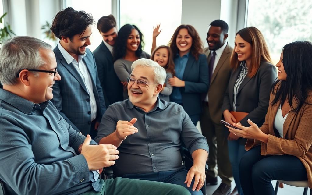 A Group Of Diverse Individuals, Smiling And Gesturing Animatedly, Surrounded By A Warm, Inviting Environment. In The Foreground, A Middle-Aged Man In A Wheelchair Shares A Heartfelt Conversation With A Young Woman. In The Middle Ground, A Family Celebrates A Triumphant Legal Outcome, Their Faces Lit By The Soft, Natural Light Filtering In Through Large Windows. In The Background, A Team Of Attorneys Collaborates, Their Expressions Conveying A Sense Of Camaraderie And Dedication. The Overall Scene Exudes A Atmosphere Of Empowerment, Community, And The Successful Resolution Of Legal Challenges.