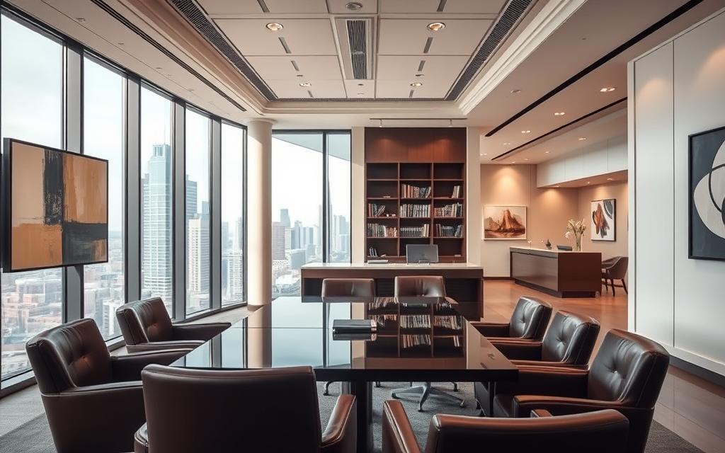 A Modern And Sophisticated Family Law Office, With Floor-To-Ceiling Windows Overlooking A Bustling Cityscape. In The Foreground, A Well-Appointed Conference Table Surrounded By Leather Armchairs, Suggesting An Atmosphere Of Professionalism And Expertise. Soft, Directional Lighting Illuminates Detailed Architectural Elements And Abstract Artwork On The Walls, Creating A Sense Of Calm And Thoughtfulness. The Middle Ground Features A Bookshelf Filled With Legal Tomes, Hinting At The Breadth Of Knowledge And Experience Available To Clients. In The Background, A Sleek And Minimalist Reception Area, With A Warm, Welcoming Ambiance That Puts Visitors At Ease.