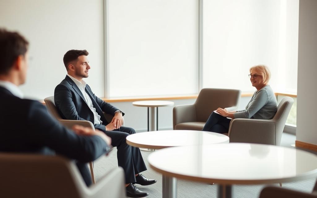 A Tranquil Conference Room Set In Natural Light, With A Round Table And Comfortable Chairs Arranged For A Mediation Session. Two People, One In A Business Suit And The Other In Casual Attire, Sit Across From Each Other, Engaged In A Thoughtful Discussion, Their Expressions Conveying An Air Of Cooperation And Understanding. The Background Is Softly Blurred, Focusing The Viewer'S Attention On The Mediation Process Unfolding Before Them. The Scene Exudes A Sense Of Professionalism, Compromise, And The Potential For A Positive Resolution.